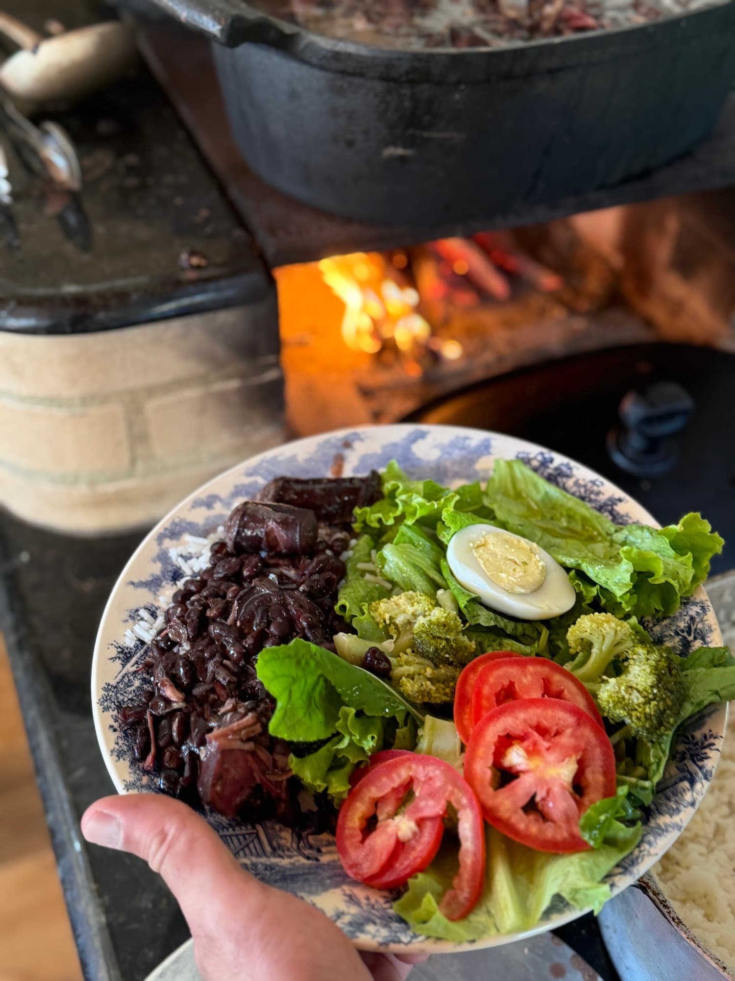 A plated meal of rice, beans, and garden salad by the wood stove.