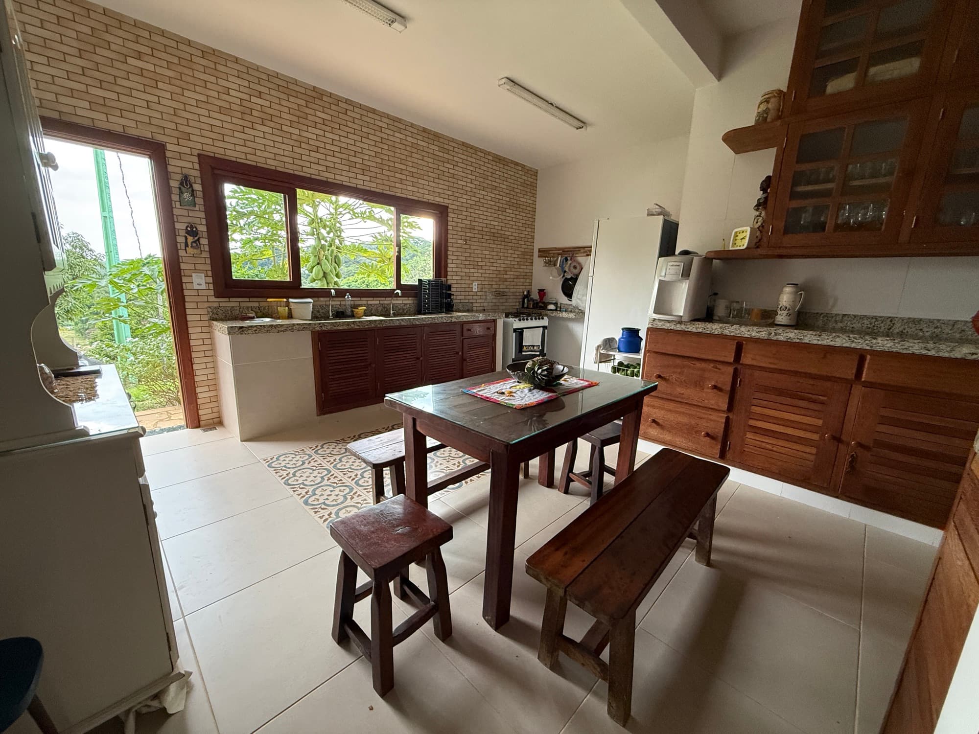 An indoor kitchen with a dining table and a window onto the papaya trees.